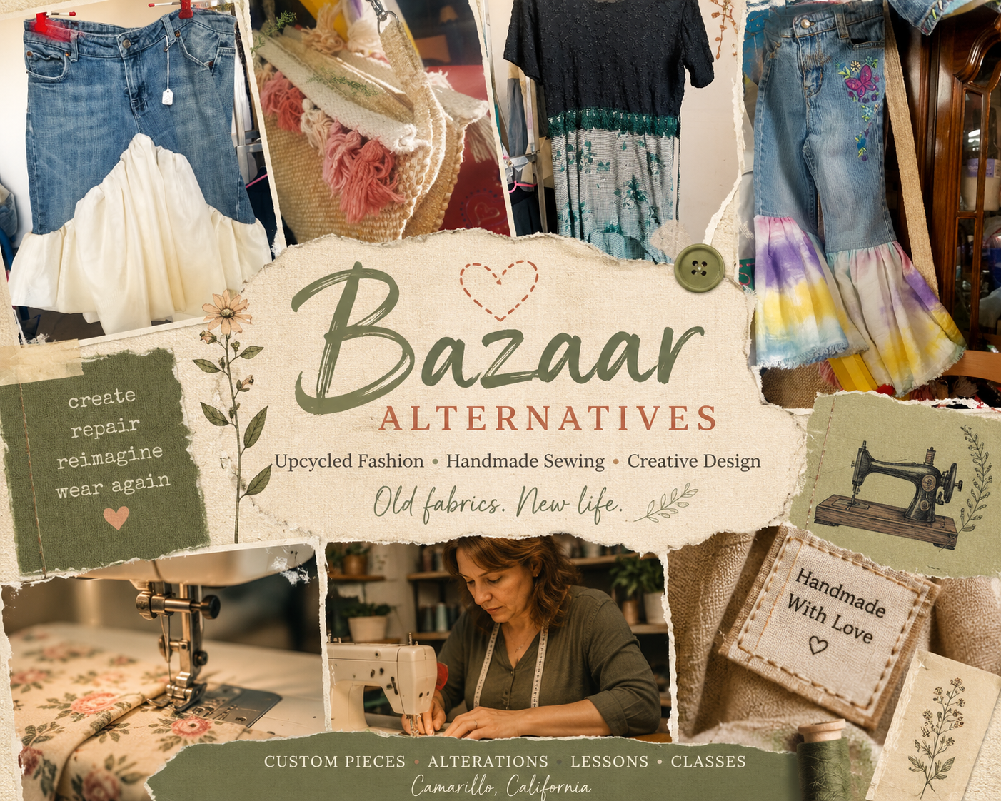 Collage of sewing, fabric, and upcycled fashion work
