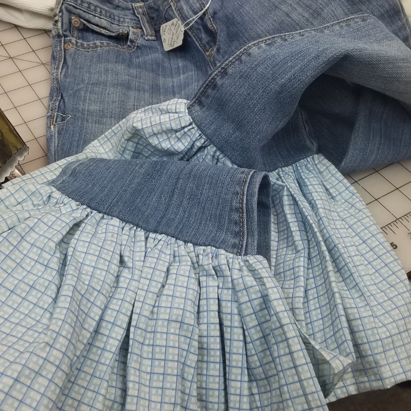 Upcycled denim and fabric skirt project